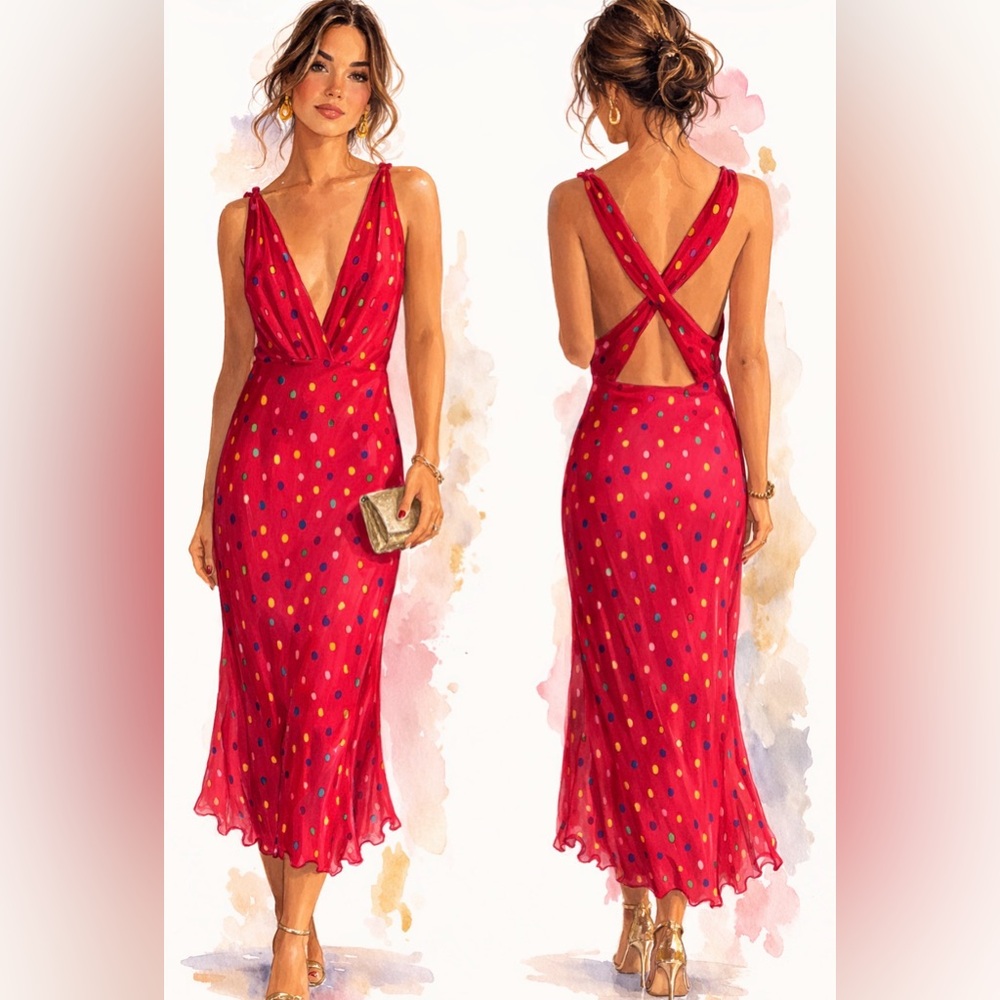 FIORI di ZUCCA 100% Silk Polka Dot Dress Size 6 NWT Deep V Cross Back Boutique